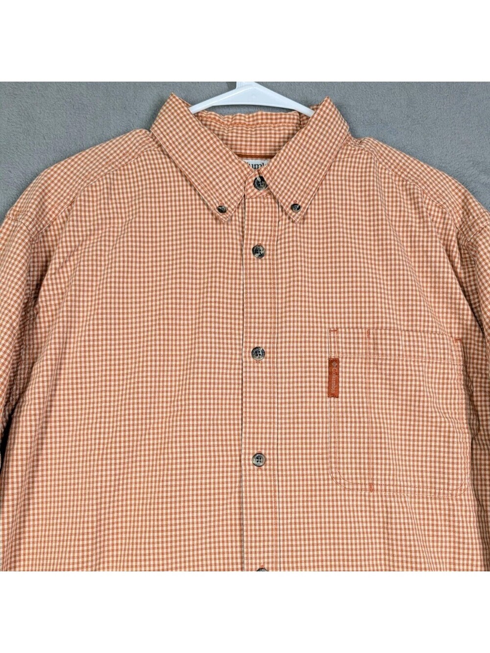 Columbia Mens L Orange White Gingham Check Long Sleeve Button Down Cotton Shirt